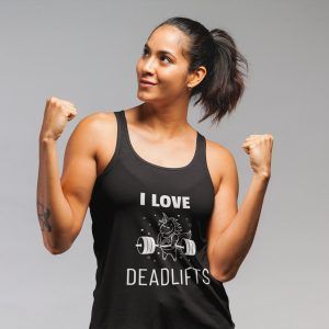 This ladies tank features a deadlifting unicorn with the text "I love deadlifts"