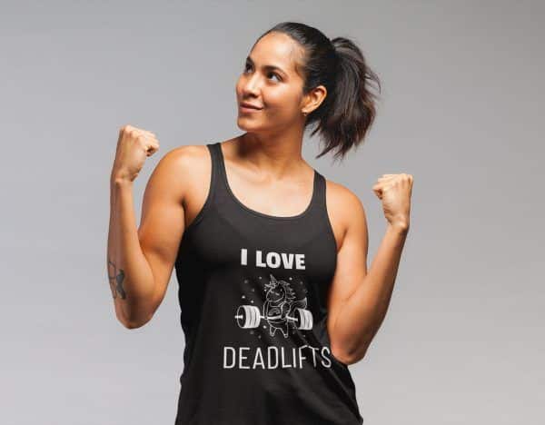 This ladies tank features a deadlifting unicorn with the text "I love deadlifts"
