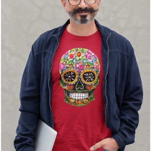 Day of The Dead Skull on a red tshirt