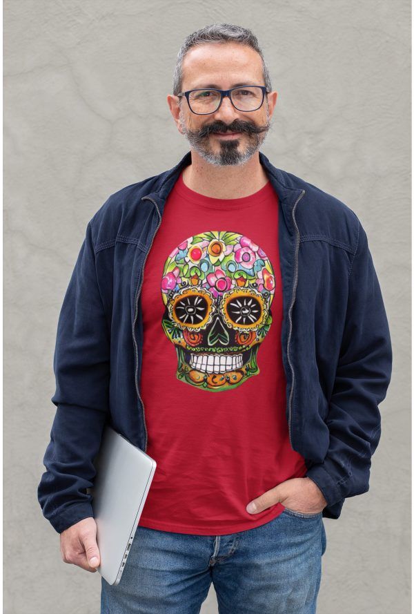 Day of The Dead Skull on a red tshirt