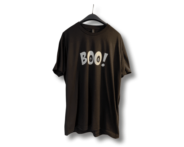 Halloween Tshirt that has Boo! written in large white letters across the front.