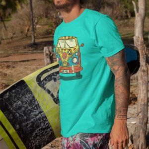 Beach Vibe T-shirt in Sea Green Heather. Image of a Peace VW Bus on the shirt.