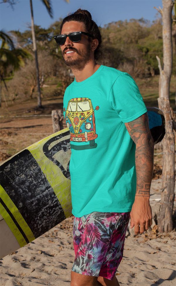 Beach Vibe T-shirt in Sea Green Heather. Image of a Peace VW Bus on the shirt.