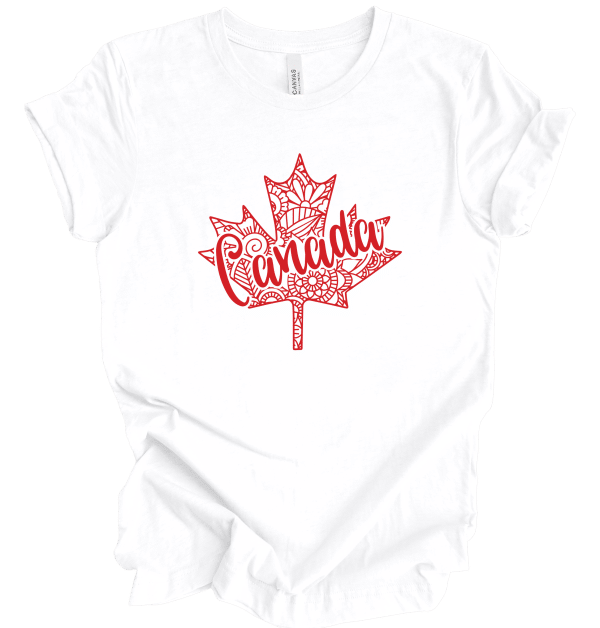 Stylized Canada Leaf red logo on a white shirt