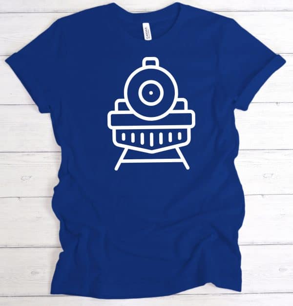 Line Drawing of the Front of a Train illustration on a royal blue tshirt